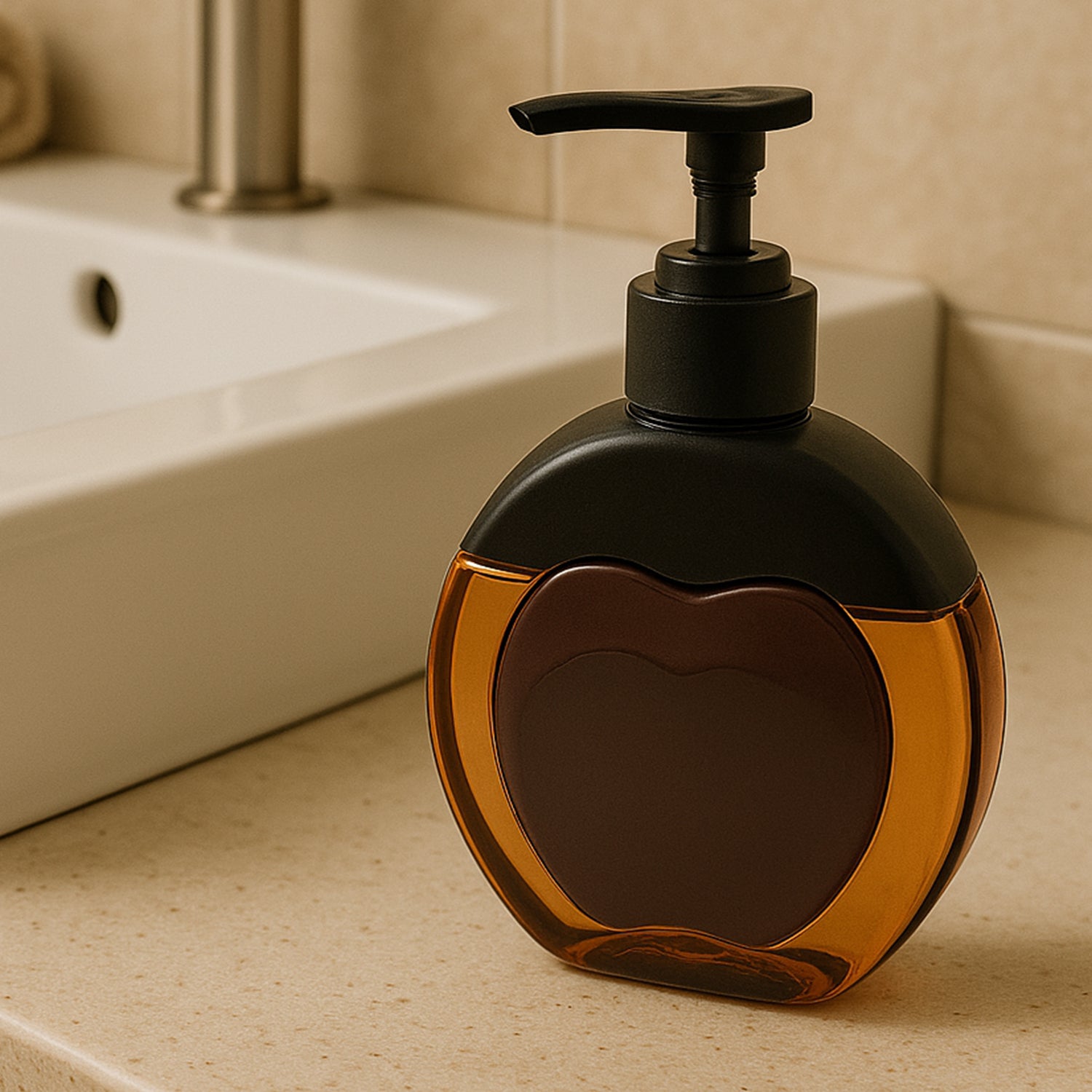 Refillable liquid soap dispenser with a sleek design in a modern bathroom setting