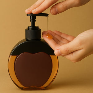 Refillable liquid soap dispenser in use, dispensing soap into a hand on a neutral background