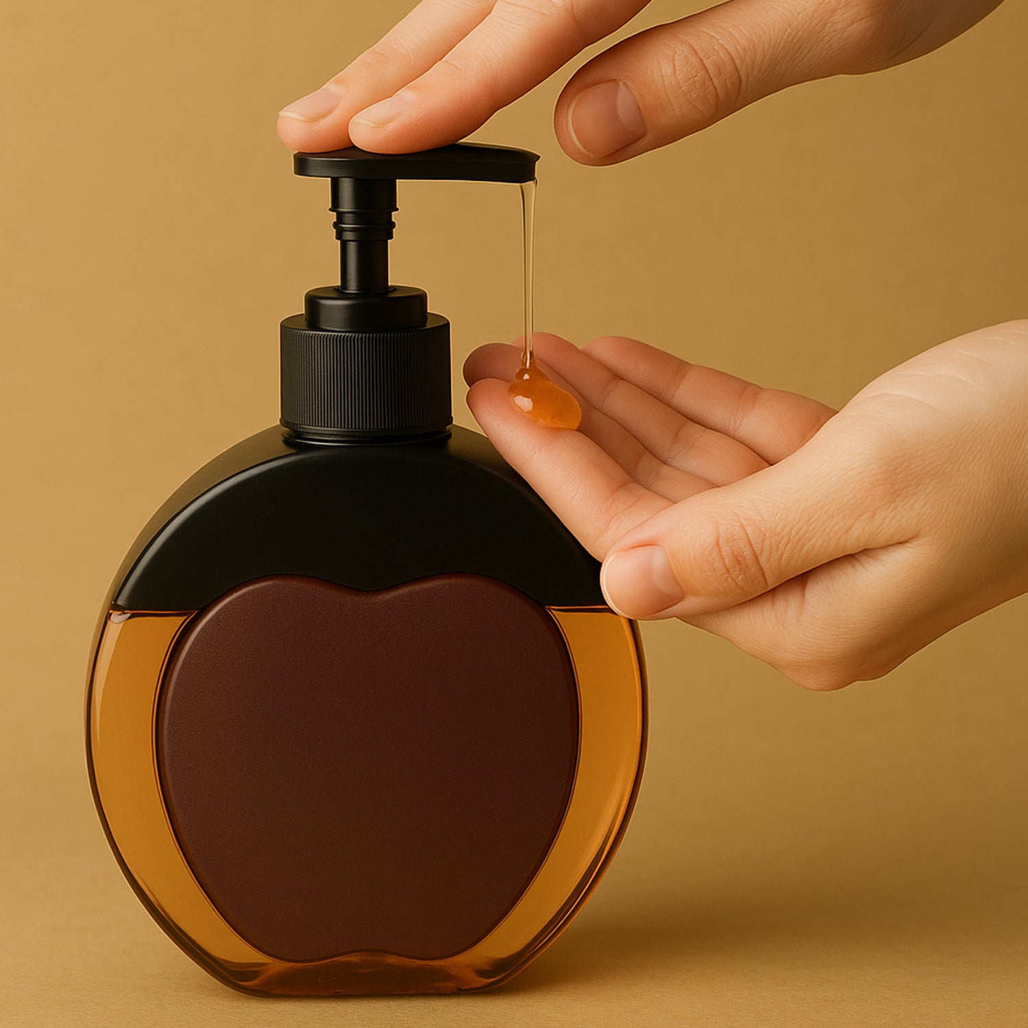 Refillable liquid soap dispenser in use, dispensing soap into a hand on a neutral background