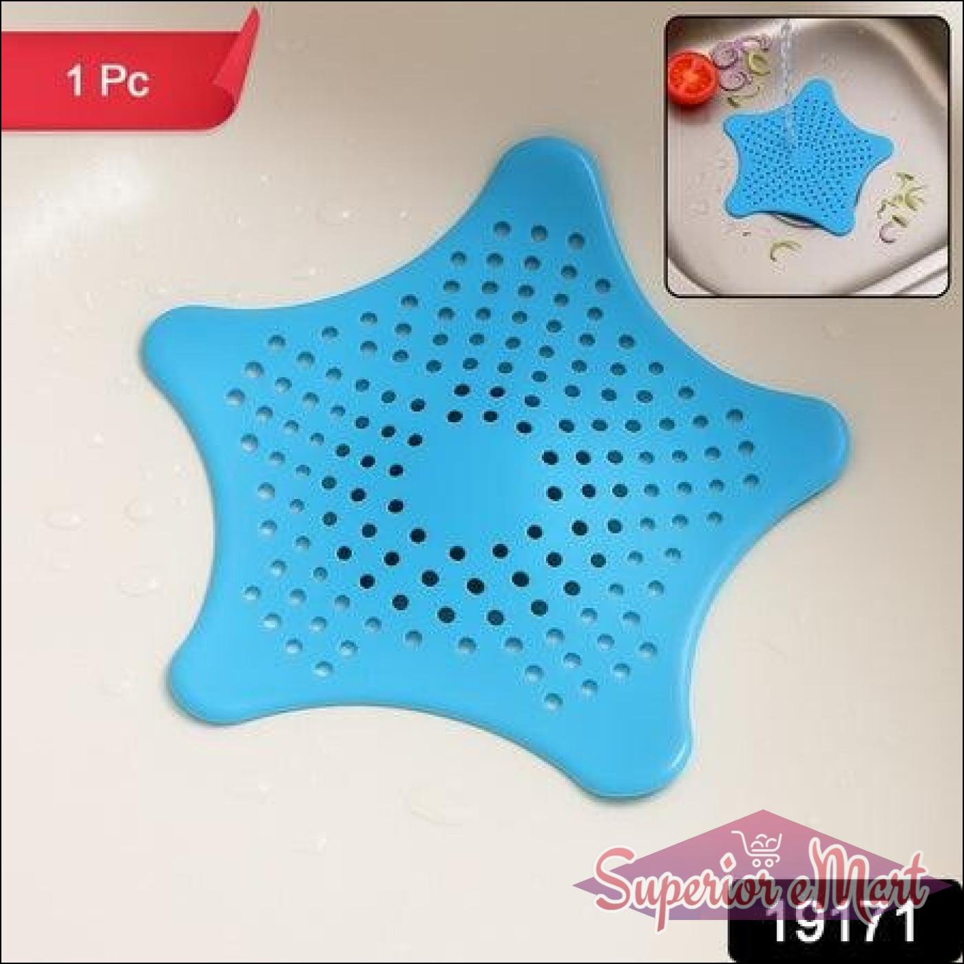Silicone star shaped sink filter in blue, designed to catch debris while allowing water to flow