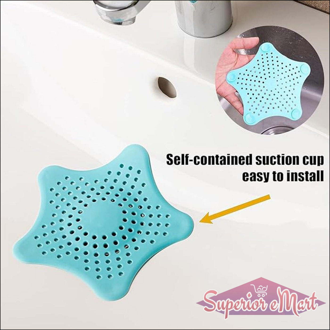 Silicone star shaped sink filter in teal with self-contained suction cup for easy installation