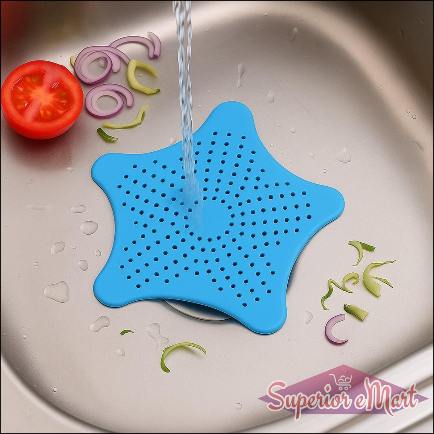 Blue silicone star shaped sink filter with perforations, designed for catching food debris in the kitchen sink