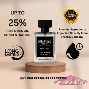 Nemat Aqua Clear 50ml perfume on wood stand. Features 25% oil, long-lasting, and premium imported ingredients.