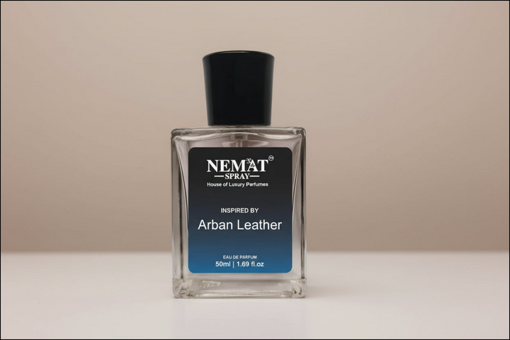 Ambre Nomad Luxury Inspired Perfume bottle beside Nemat Spray inspired by Arban Leather in 50ml size