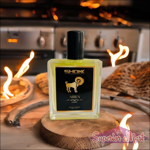 Aries Zodiac Unisex Perfume 50ml with a vibrant yellow bottle on a wooden display