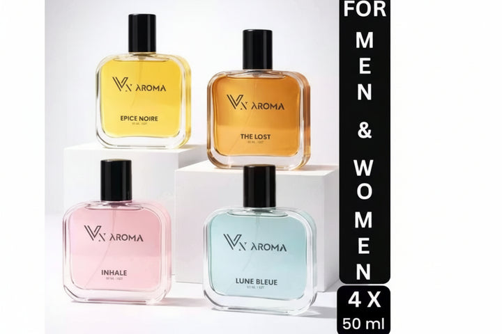 Four VX Aroma perfume bottles in different colors on a white background with text indicating they are for men and women.