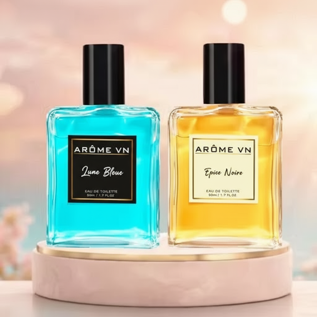 Luxury unisex perfume set featuring Arôme VN Luna Blue and Épice Noire in elegant bottles