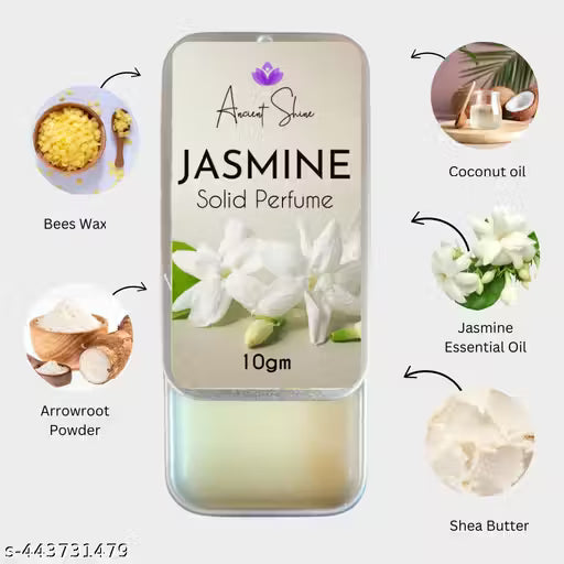 Jasmine solid perfume in a compact case with natural ingredients like beeswax and shea butter