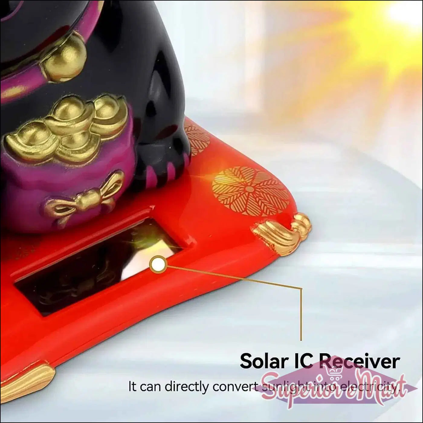 Wealth attracting cat figurine with solar IC receiver for charging from sunlight