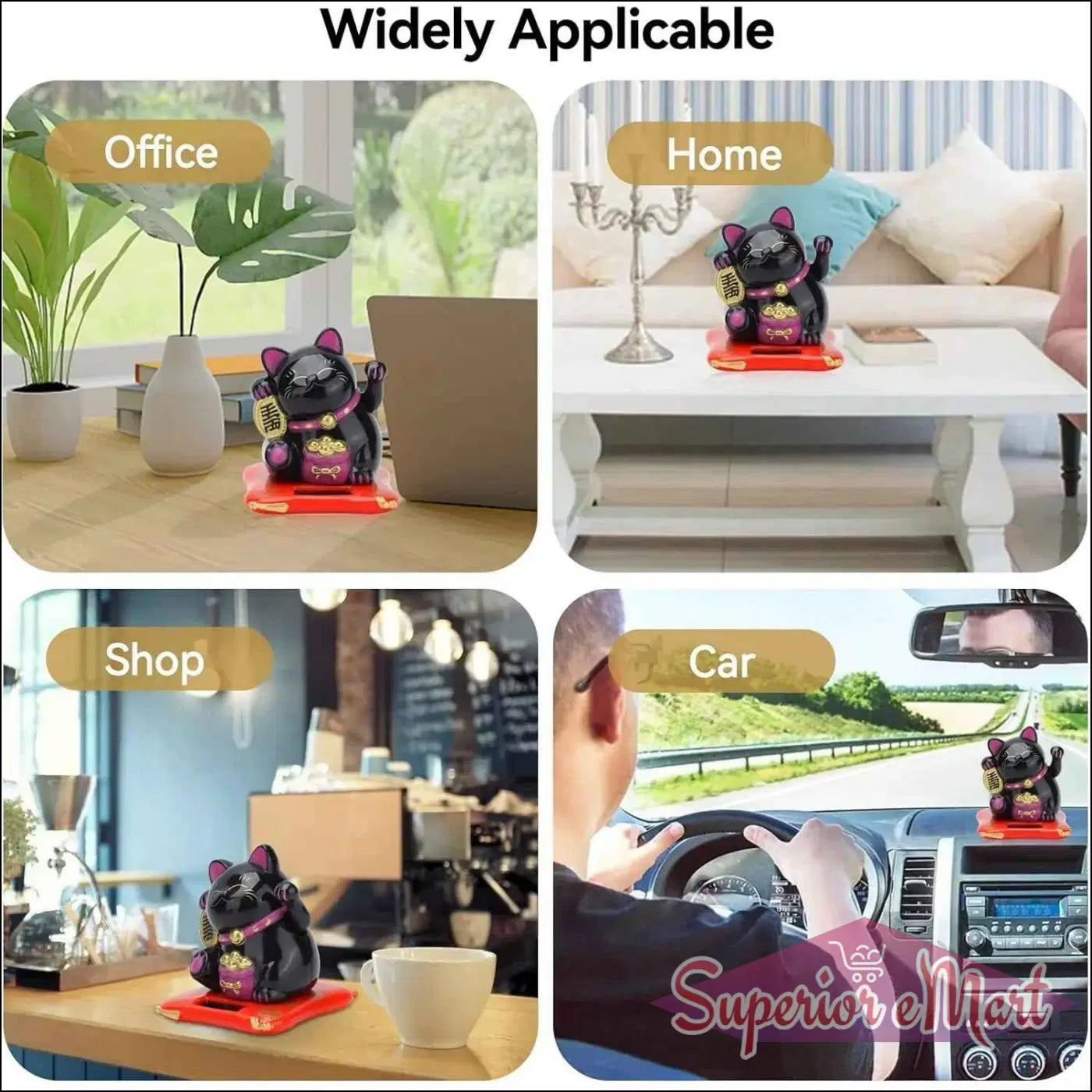 Wealth Attracting Cat Figurine in Various Settings like Home, Office, Shop, and Car