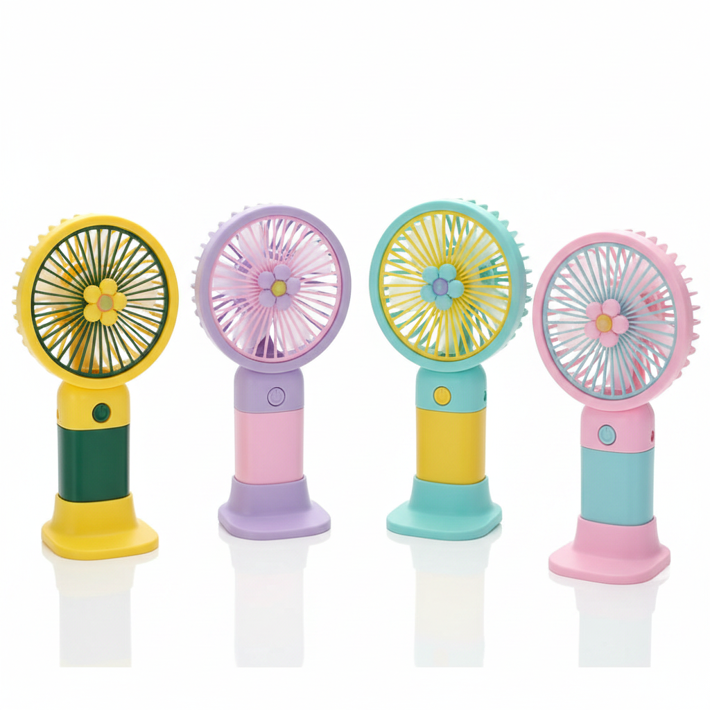 Four colorful handheld fans on a white background