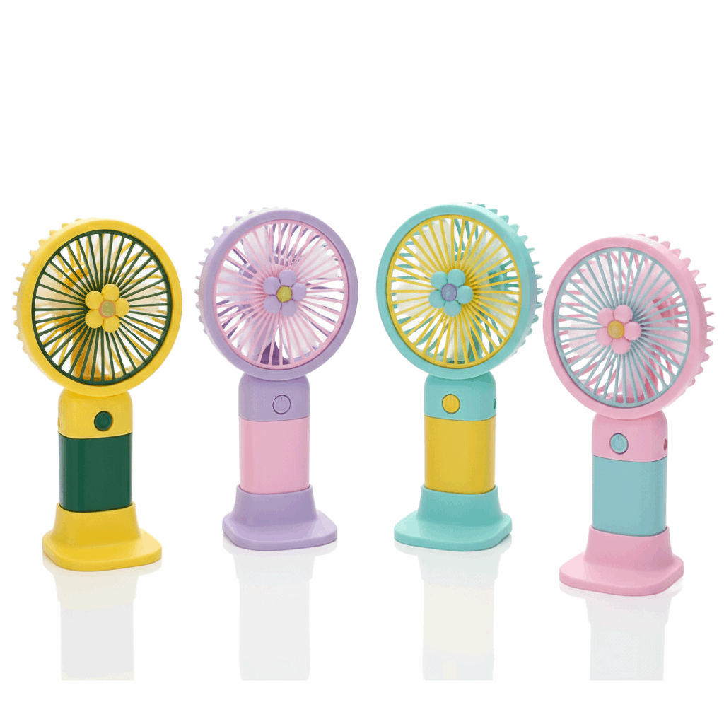 Four colorful handheld fans on a white background