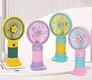 Four colorful handheld fans on a white background
