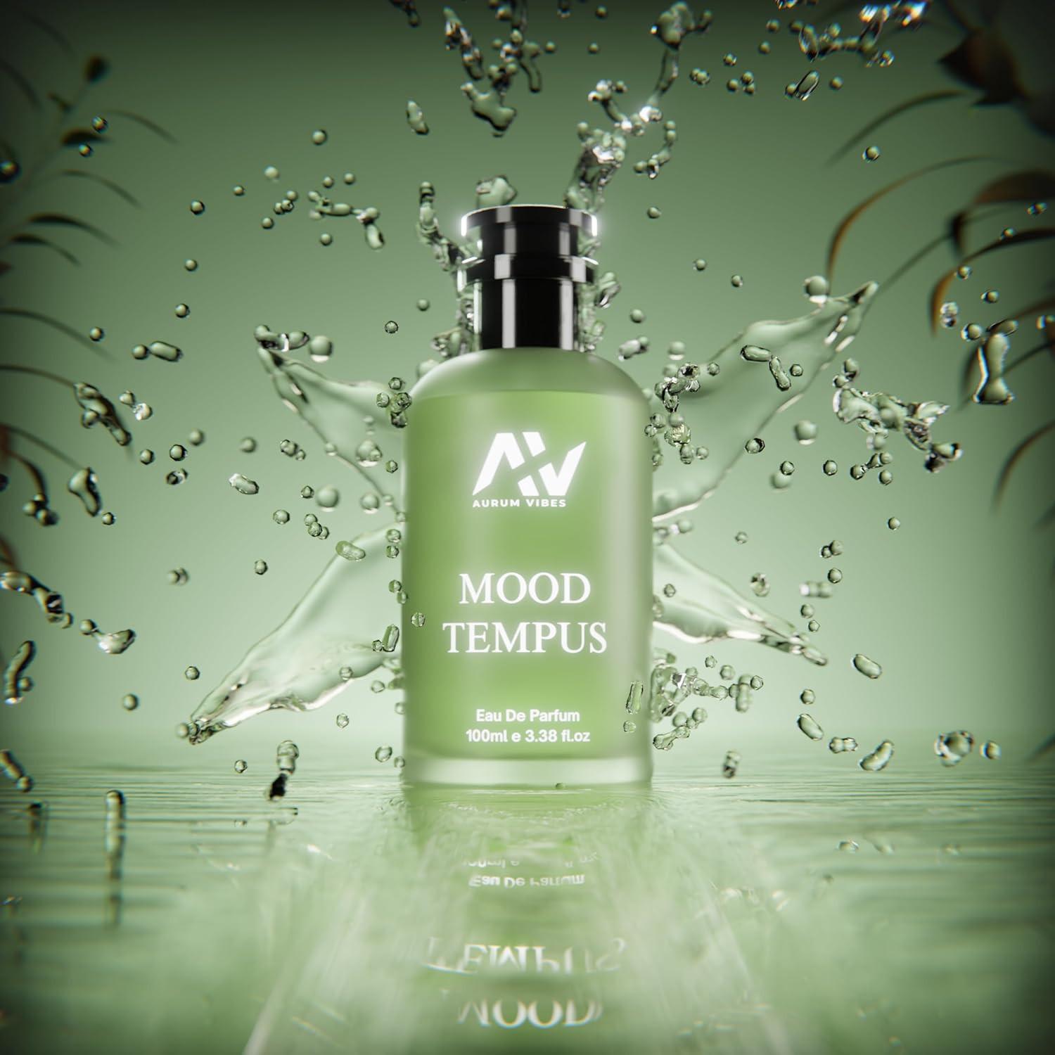 Mood Tempus unisex perfume 100ml in a green bottle with splash effect for refreshing fragrance