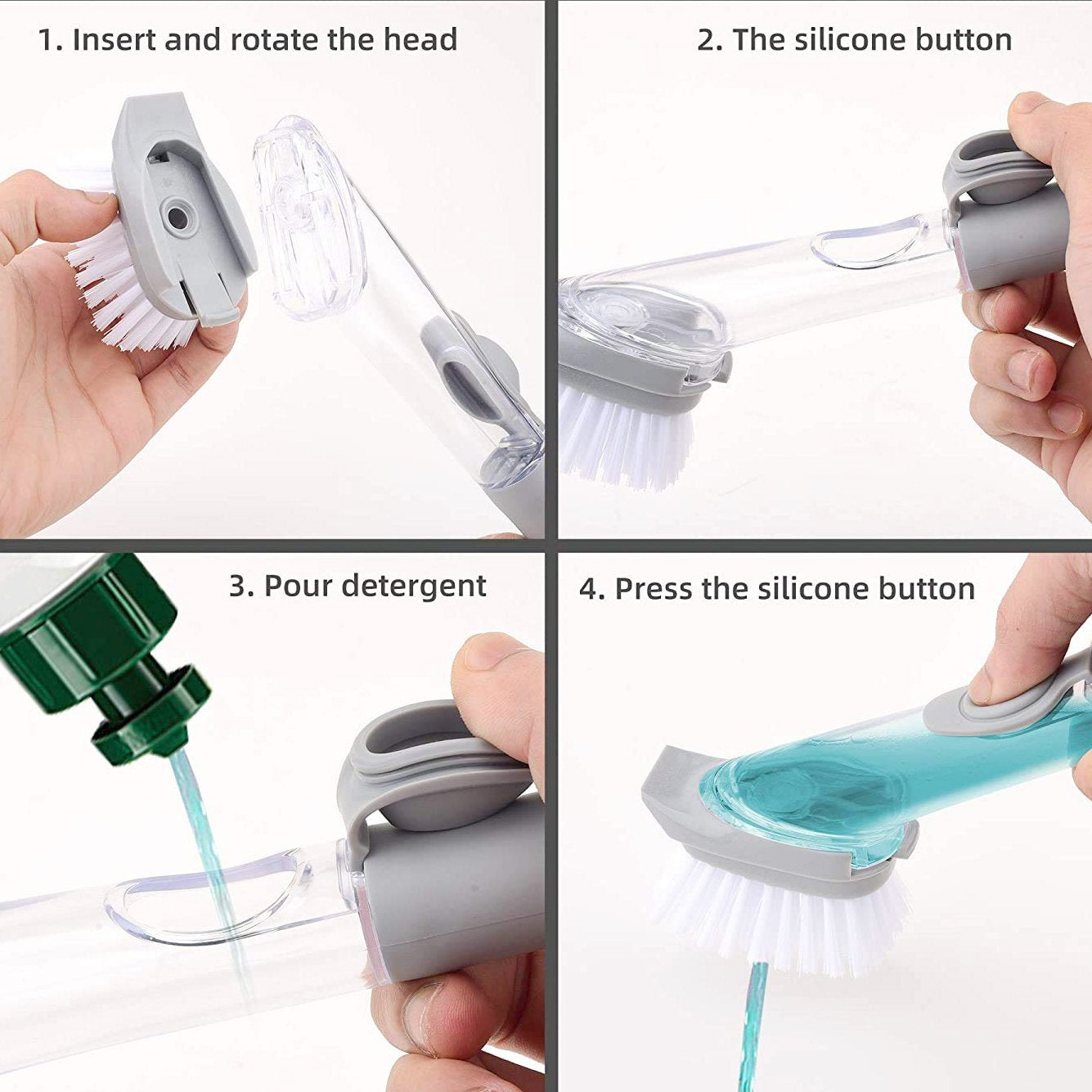 Step-by-step use of Superior eMart automatic dish scrubber brush with detachable head and detergent dispenser