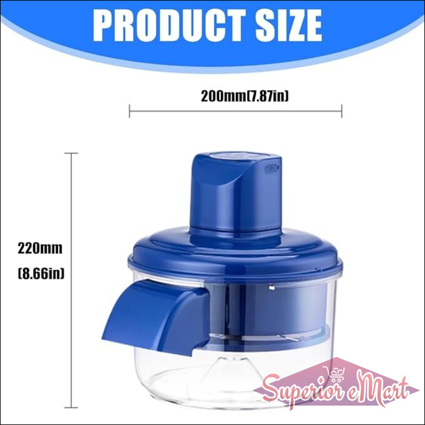 Product Size: Blue and clear plastic food chopper, 200mm (7.87in) wide and 220mm (8.66in) tall.