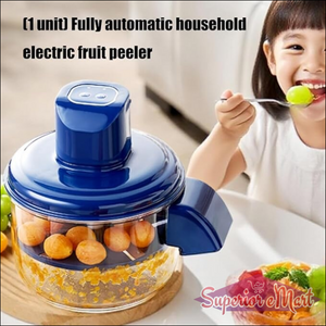 Blue and clear electric fruit peeler with fruit inside. Text: Fully automatic household electric fruit peeler.