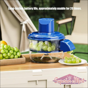 Blue plastic and clear electric grape washer. Text: Long-lasting battery life, approximately usable for 20 times.