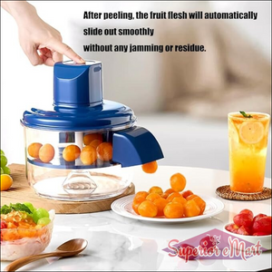 Blue electric fruit peeler dispensing fruit. Text: flesh slides out smoothly without any jamming or residue.