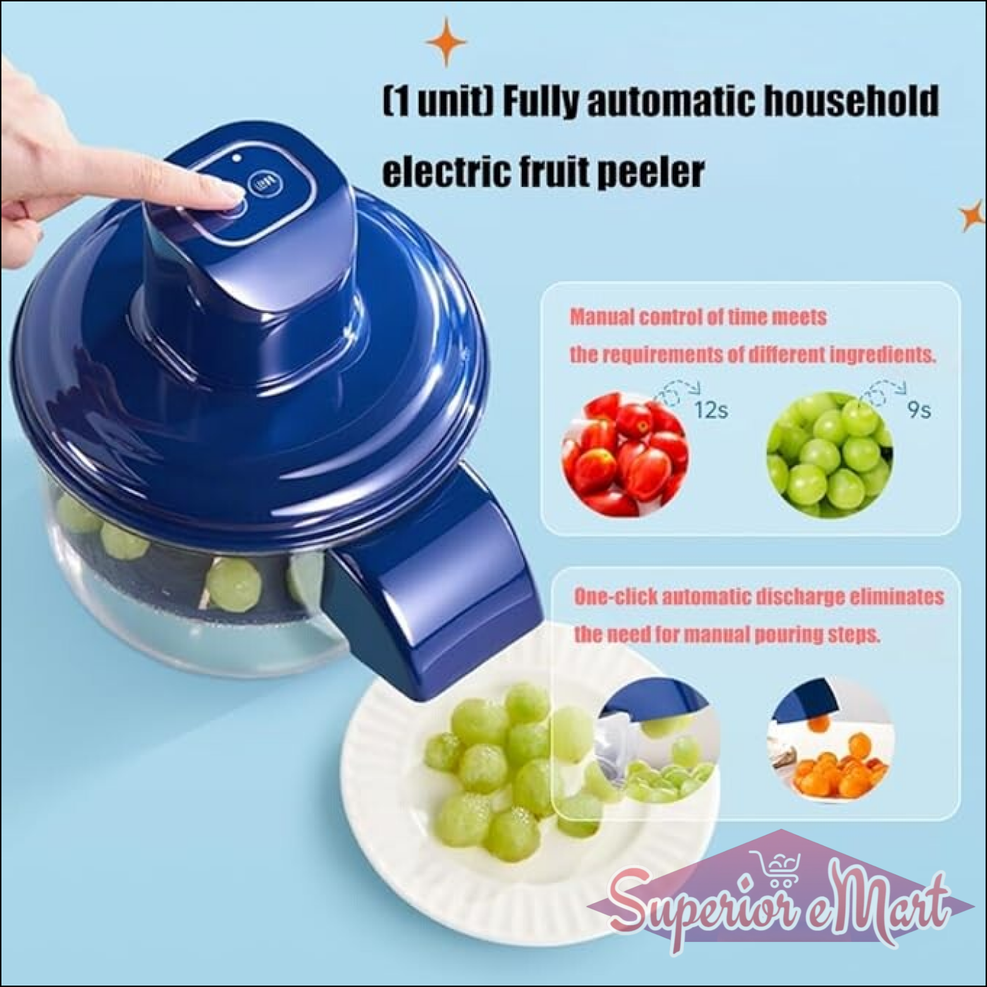 Blue and glass automatic electric fruit peeler dispensing peeled grapes onto a white plate.