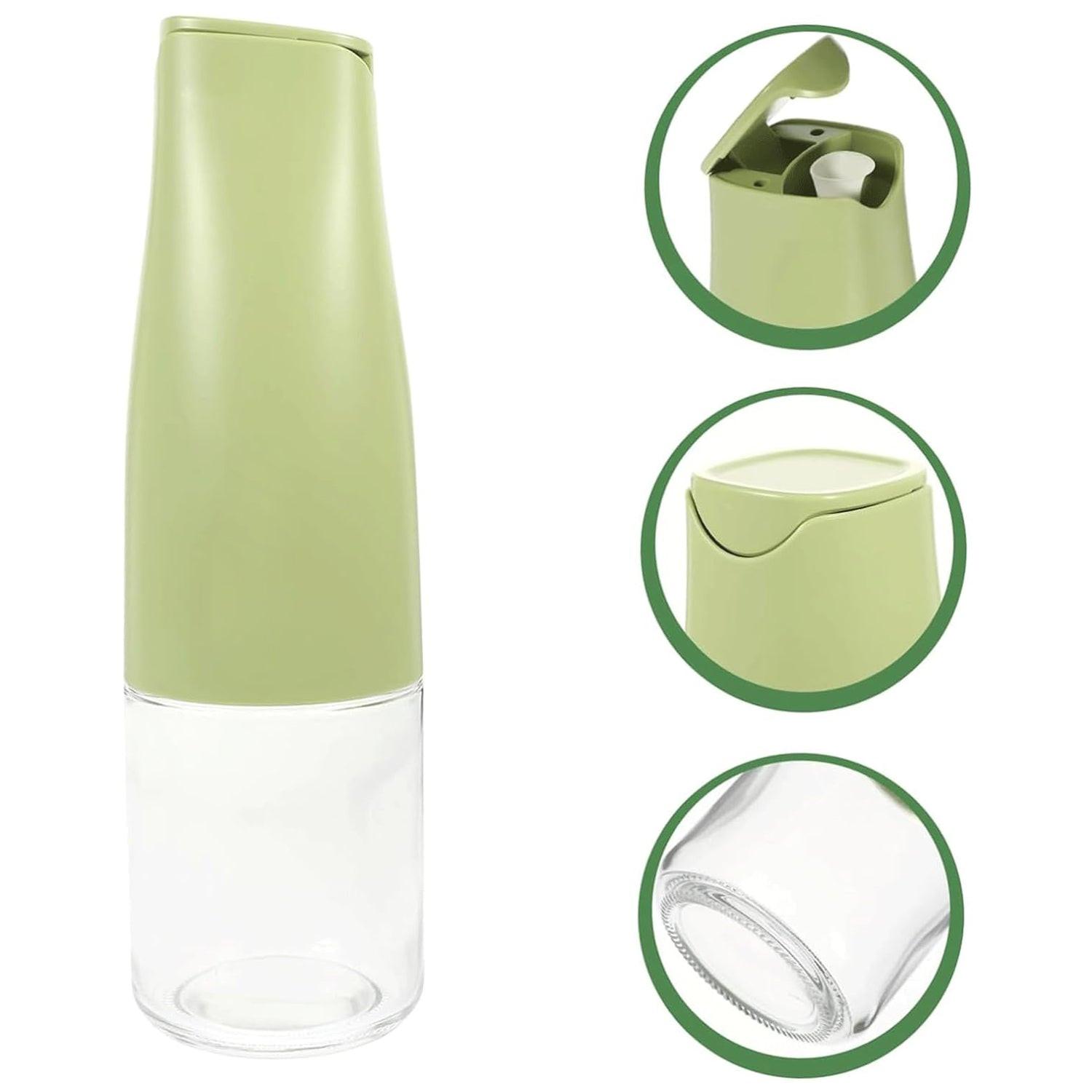 Automatic oil dispenser for kitchen in green and clear design with easy-pour spout