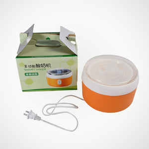 automatic yogurt maker for home with orange base and transparent lid next to packaging box