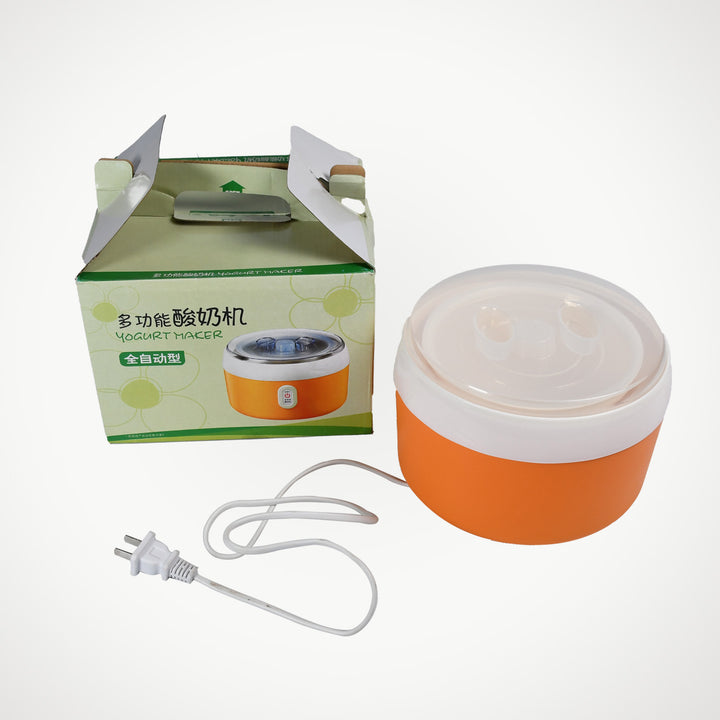 automatic yogurt maker for home with orange base and transparent lid next to packaging box