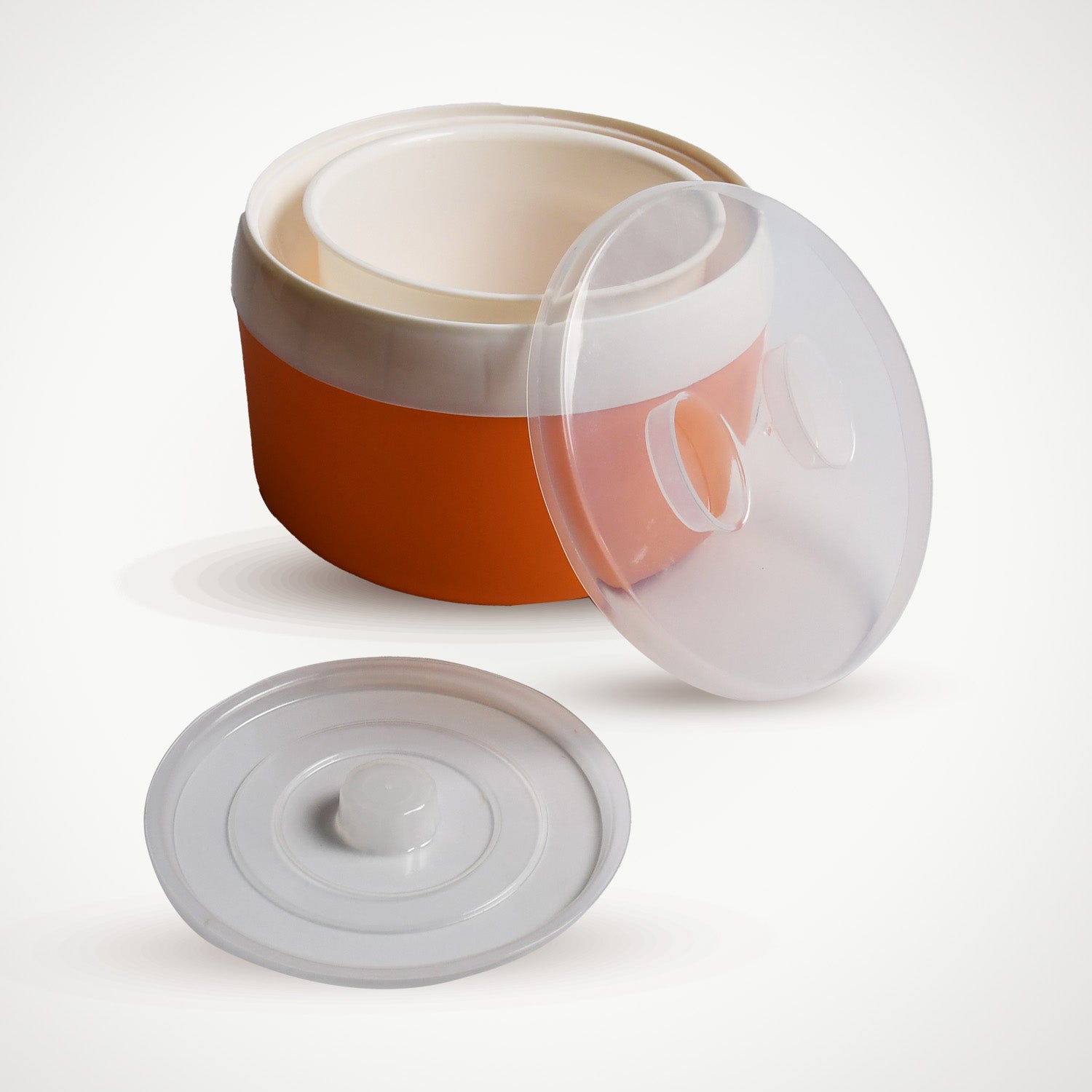 automatic yogurt maker for home with orange base and white inner containers with clear lid