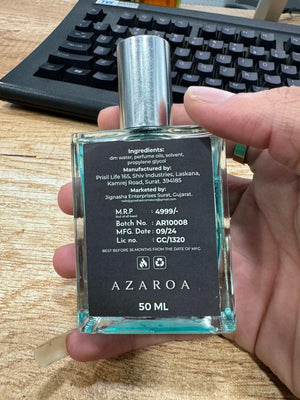 Azaroa 50 ML perfume bottle with ingredients label showcasing The Most Wanted Perfumes