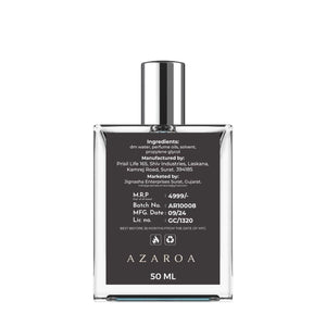 Azaroa 50ml bottle of The Most Wanted Perfume with elegant glass design and detailed label