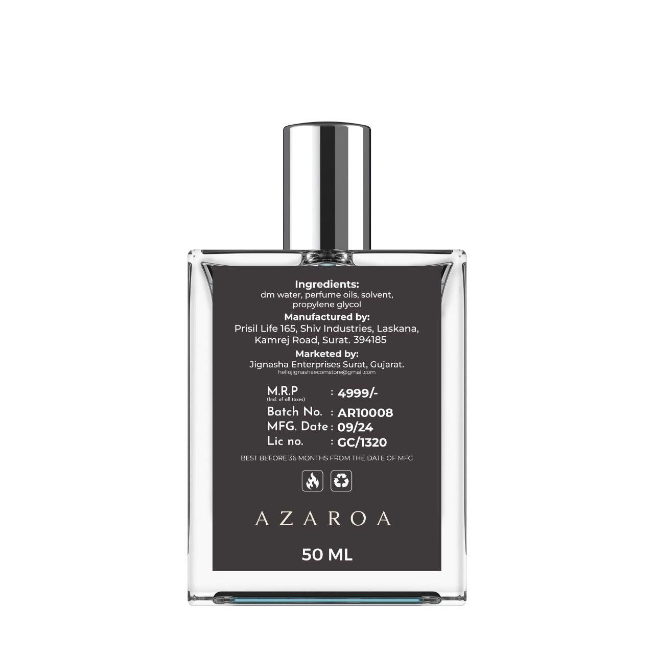 Azaroa 50ml bottle of The Most Wanted Perfume with elegant glass design and detailed label