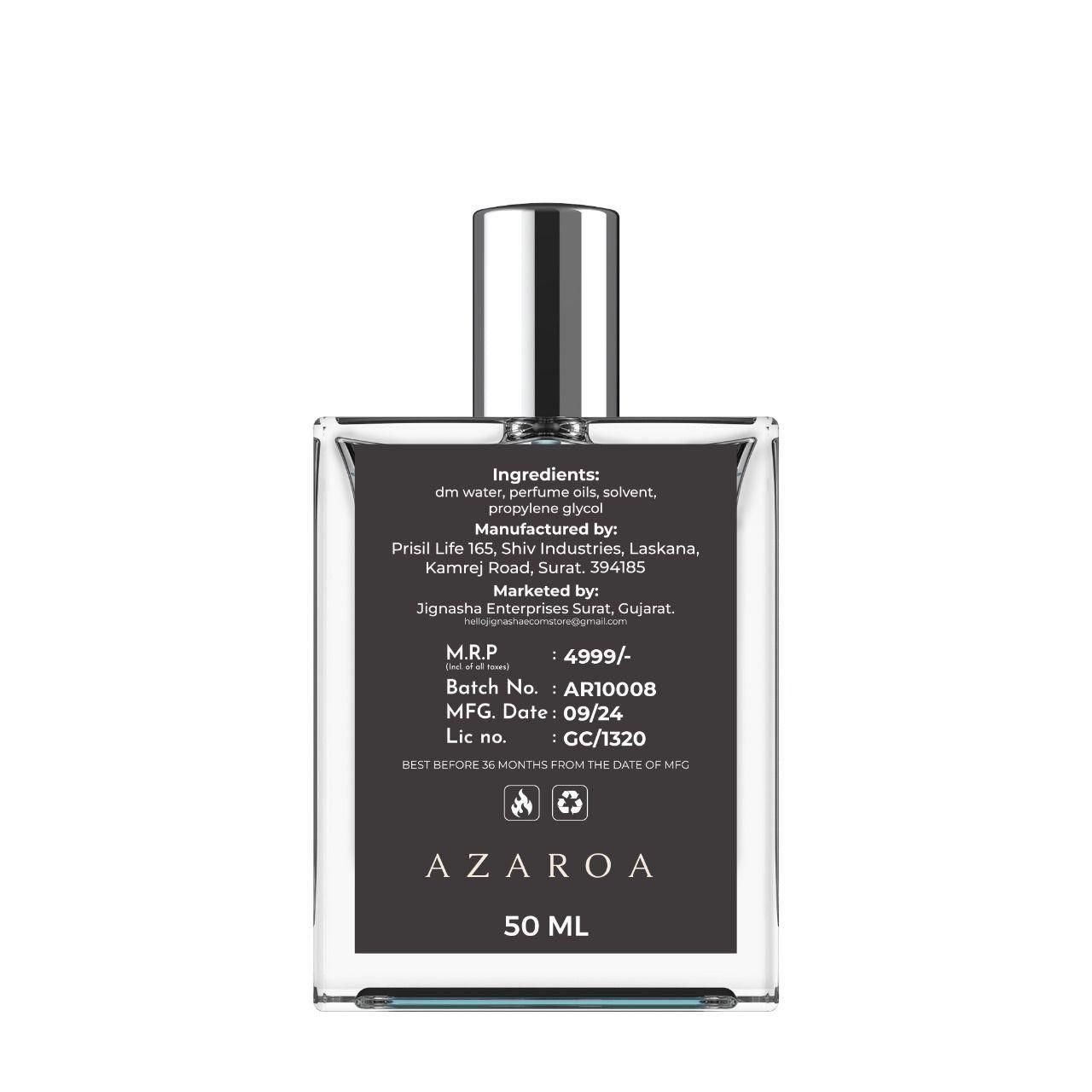 Azaroa 50 ML bottle of The Most Wanted Perfumes with elegant design and detailed ingredient list