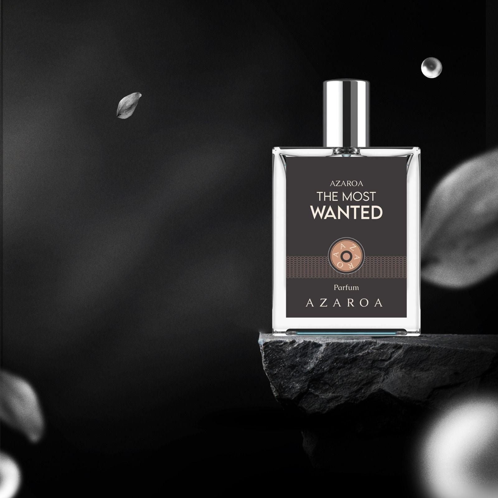 Azaroa The Most Wanted Perfumes bottle with elegant design on a dark background