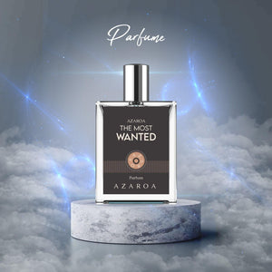 Azaroa The Most Wanted Perfumes in a sleek bottle displayed on a cloud background