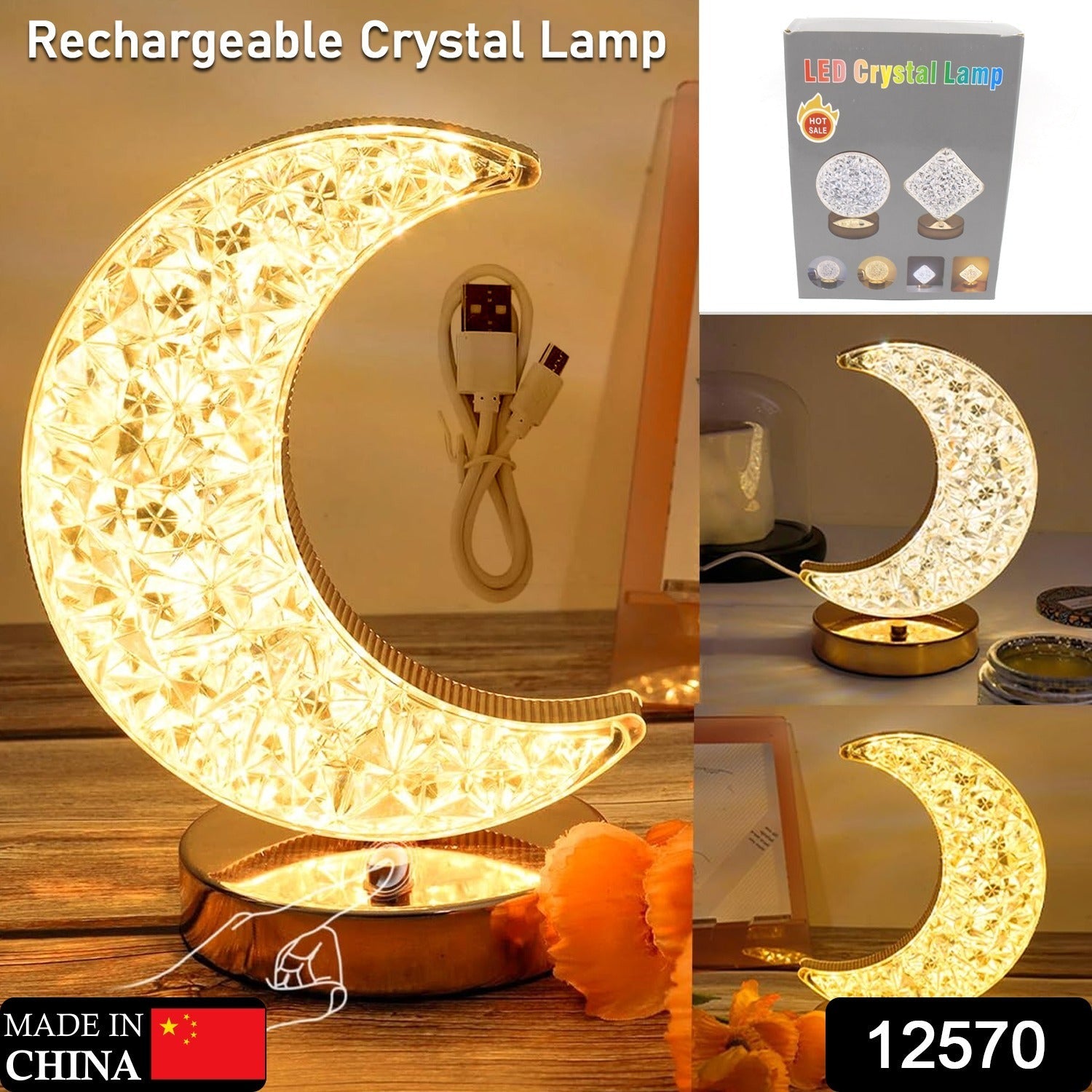 Crystal Table Lamp | Moon Shape Touch Control Lamp with 3 Color | Metal Bedside  - 12570_moon_crystal_table_lamp