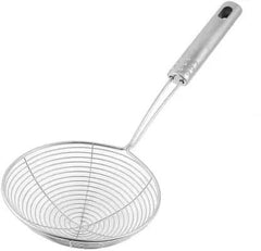 Stainless steel deep fry strainer for kitchen use.