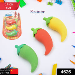 3D Fancy & Stylish Colorful Chili Shape Erasers, Mini Eraser Creative Cute Novel - 4626_chili_erasers_3pc_set