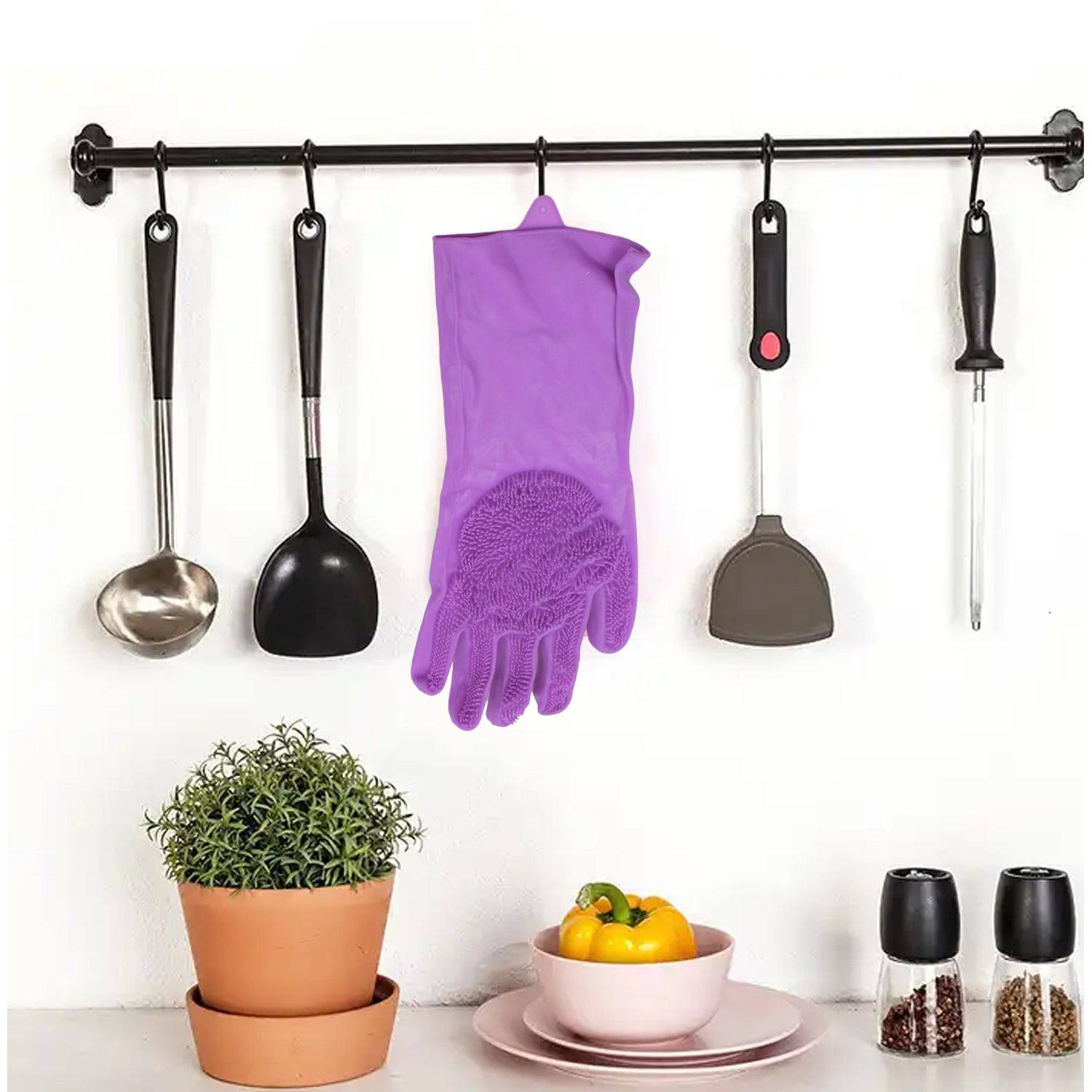 0712 Dishwashing Gloves With Scrubber Silicone Cleaning Reusable Scrub Gloves For Wash Dish Kitchen Bathroom Pet Grooming Wet And Dry Glove (1 Pc Left Hand Gloves) - Superior eMart