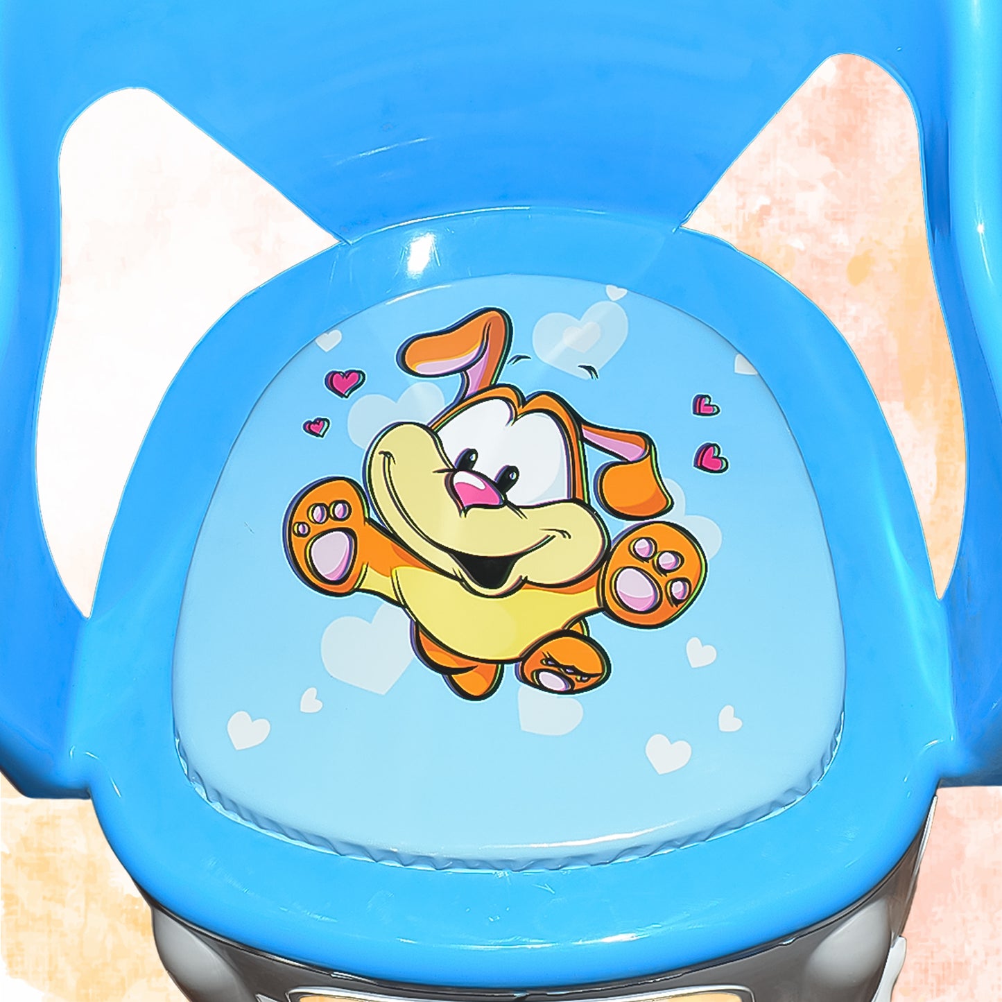 Durable baby chair with cushion featuring a cute cartoon dog design and blue accents