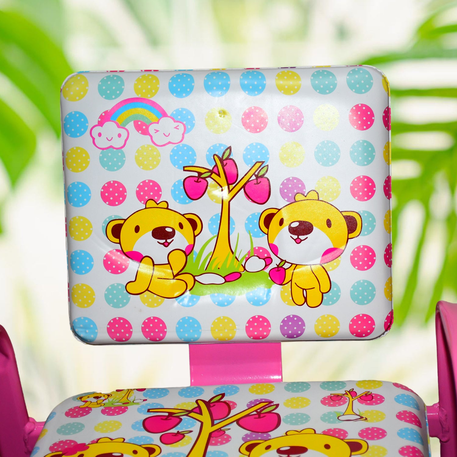 Colorful baby chair with cushion featuring cute bear design and playful tree for toddlers