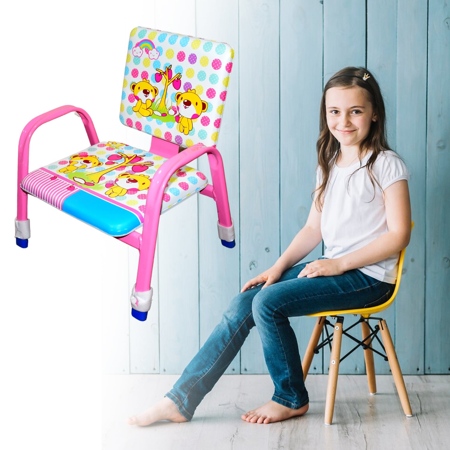 Colorful baby chair with cushion featuring playful dog designs, perfect for toddlers