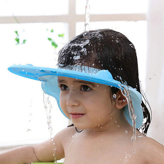 Blue baby silicone shower cap designed to keep water out of eyes during bath time for toddlers