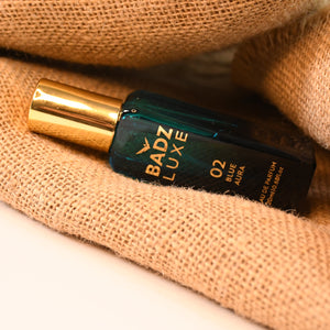 Badz Luxe perfume set with elegant bottle design and fresh blue aura scent for a luxurious experience