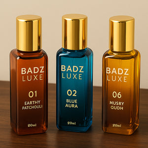 Badz Luxe perfume set featuring three unique scents: Earthy Patchouli, Blue Aura, and Musry Qudh
