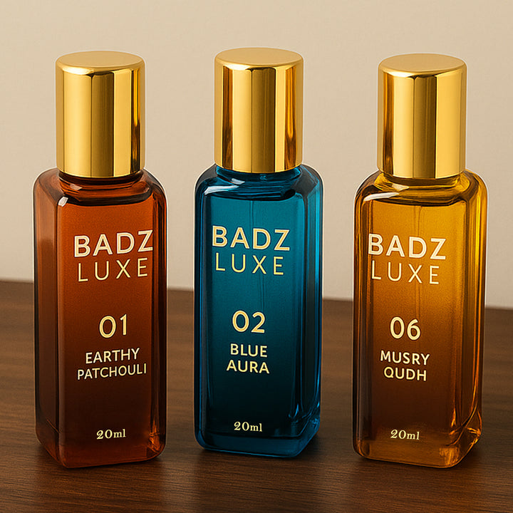 Badz Luxe perfume set featuring three unique scents: Earthy Patchouli, Blue Aura, and Musry Qudh
