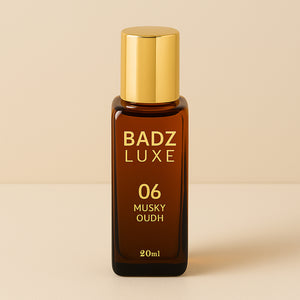 Badz Luxe perfume set featuring 20ml Musky Oudh fragrance in a sleek bottle
