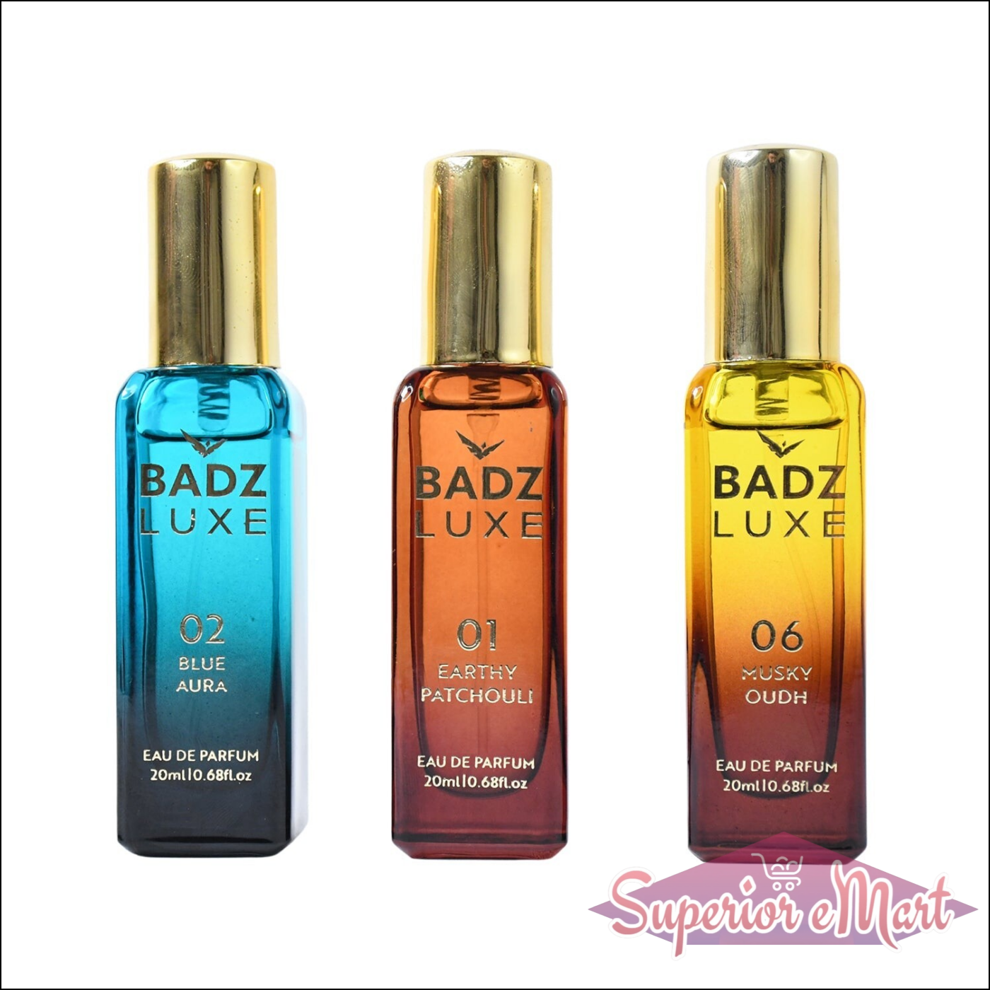 Badz Luxe perfume set featuring three distinct fragrances: Blue Aura, Earthy Patchouli, and Musky Oudh