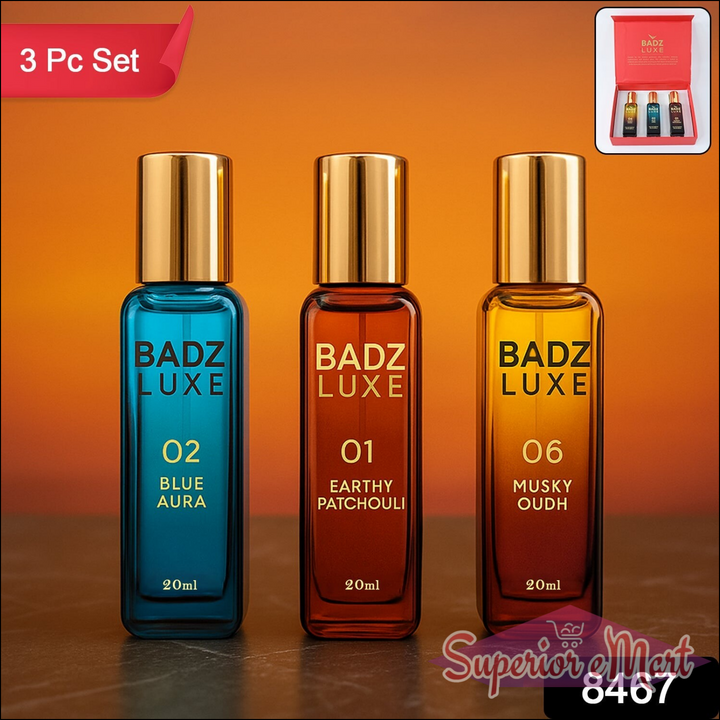 Badz Luxe perfume set featuring three 20ml bottles: Blue Aura, Earthy Patchouli, and Musky Oudh