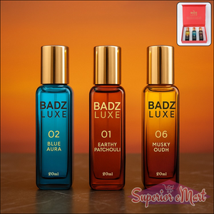 Badz Luxe perfume set featuring Blue Aura, Earthy Patchouli, and Musky Oudh fragrances in elegant bottles