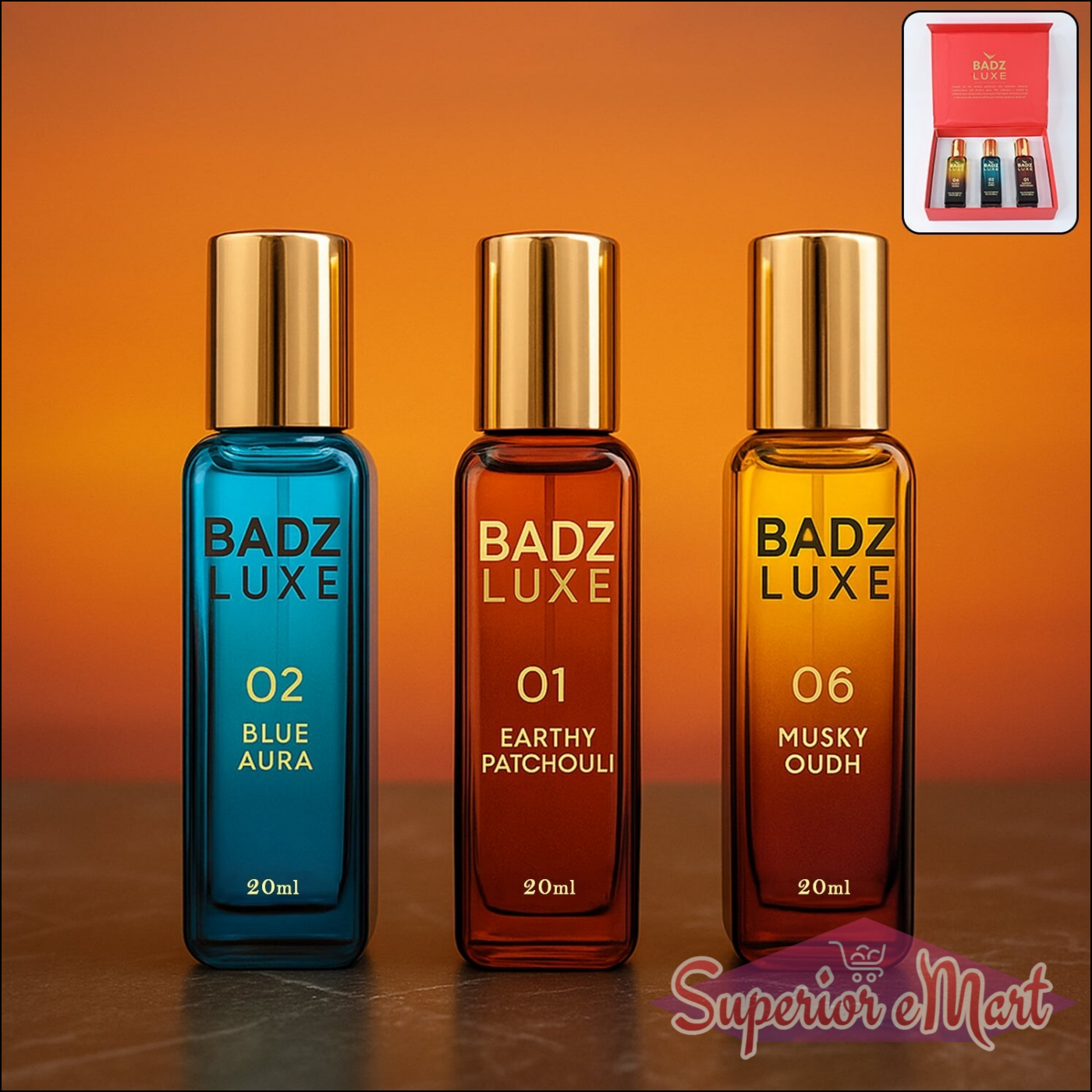 Badz Luxe perfume set featuring Blue Aura, Earthy Patchouli, and Musky Oudh fragrances in elegant bottles